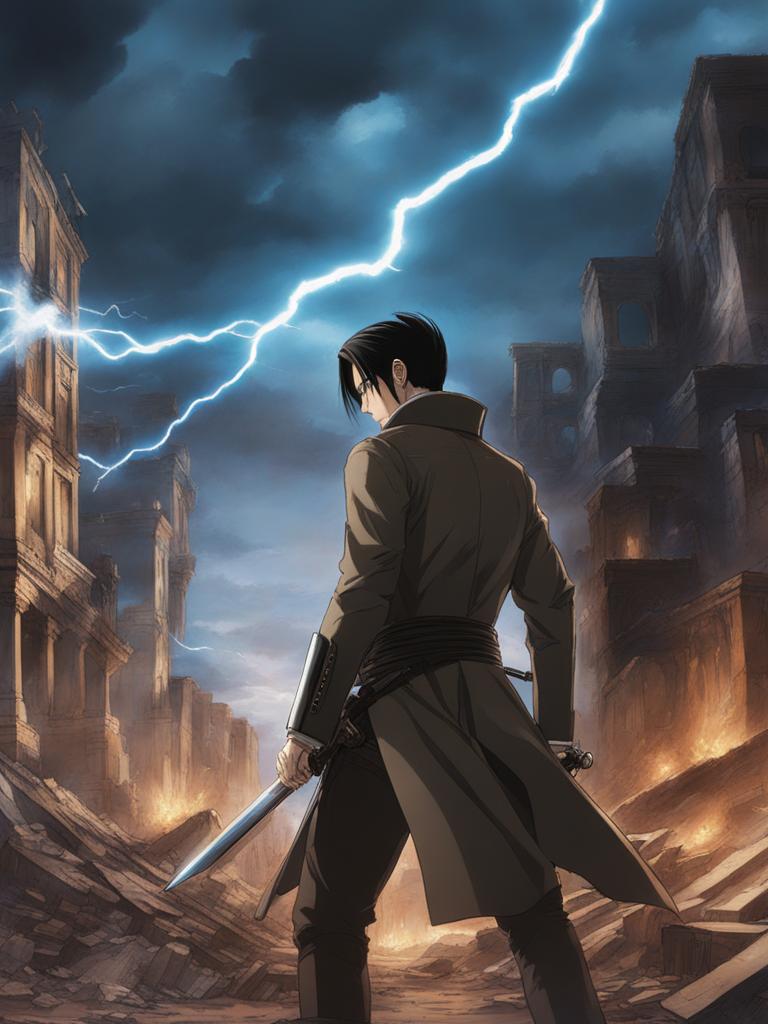 levi ackerman executes lightning-fast maneuvers as a titan slayer amid a city in ruins. 