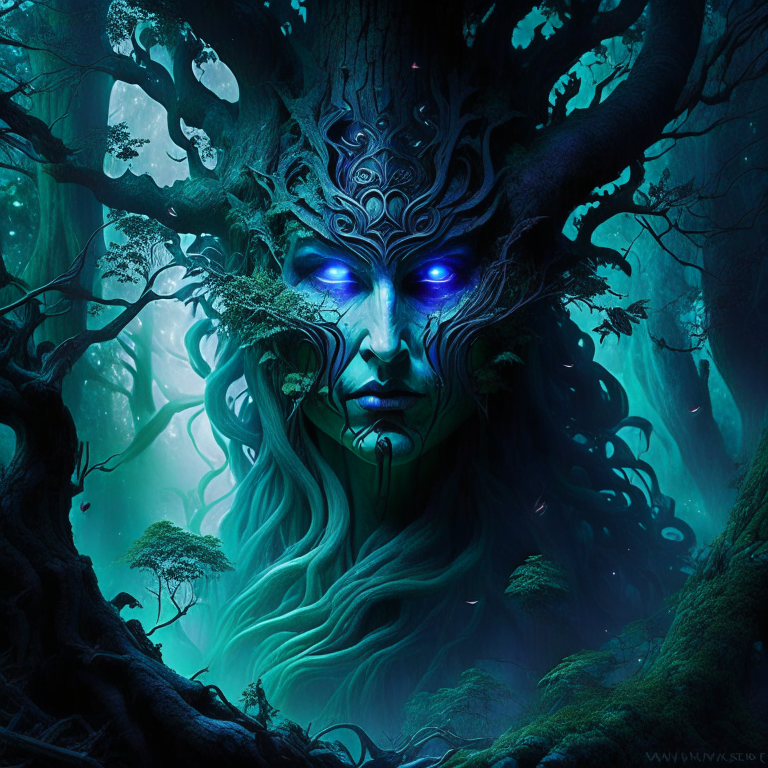 spirit of the haunted forest, a spectral figure among twisted trees and spectral creatures. 