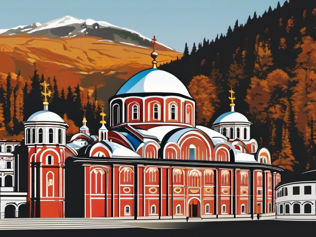 Rila Monastery sticker- Historic Orthodox Christian monastery in Bulgaria, , sticker vector art, minimalist design