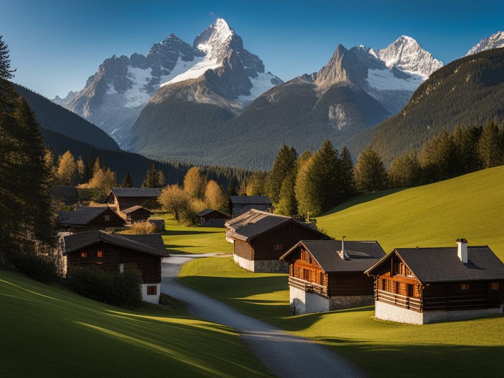 enigmatic engadine villages - illustrate the enigma of engadine's lesser-known villages, showcasing their swiss chalets and stunning mountain backdrops. 