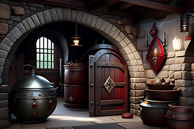 medieval castle kitchen with a colossal hearth and stone walls adorned with shields. 