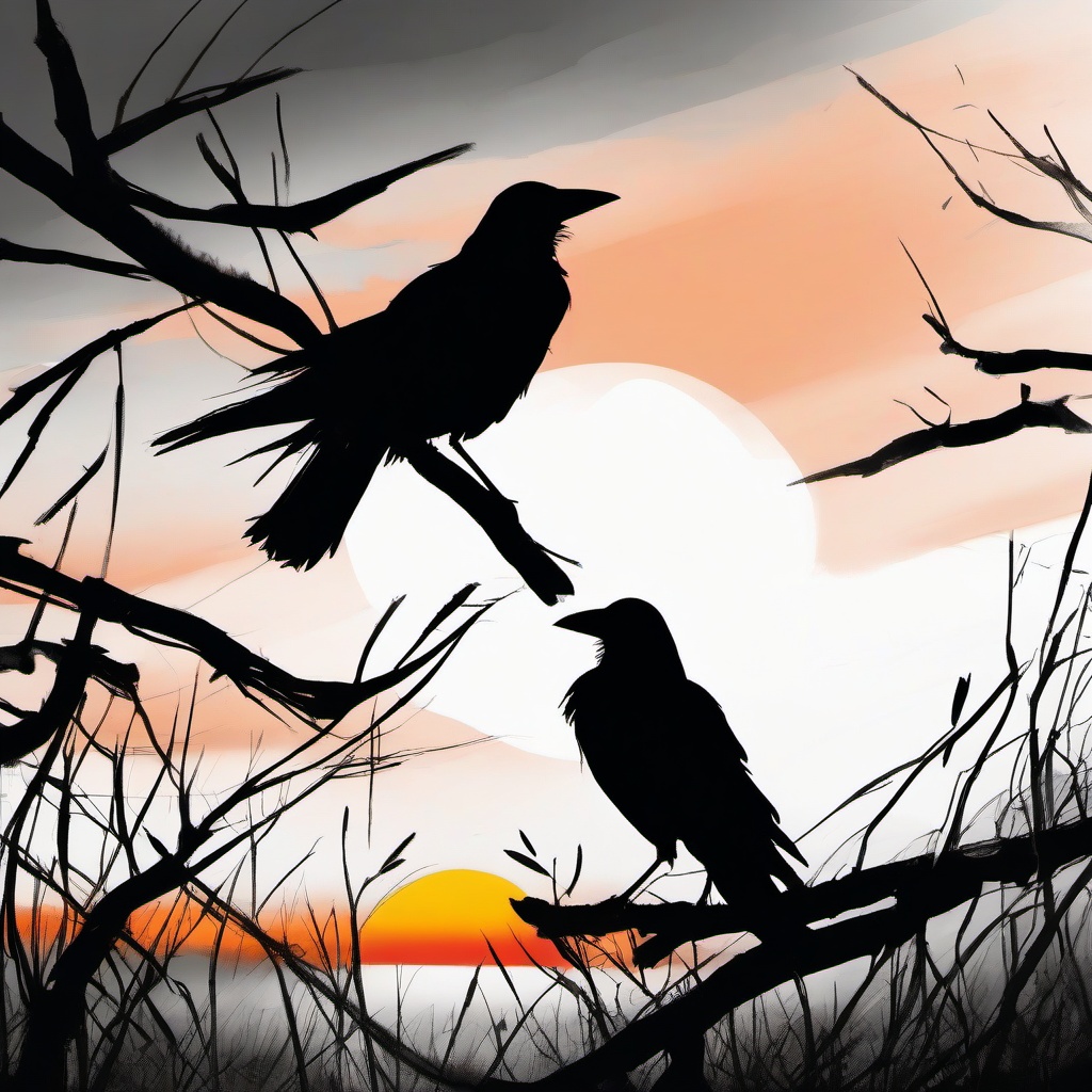 drawing of crows with a sunset  minimal rough sketch scribbles,doodles,black and white