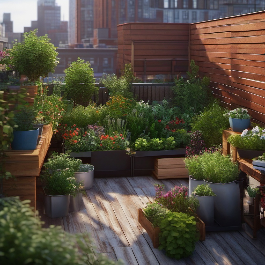 Cozy Urban Rooftop Garden - Make the most of limited space with a cozy urban rooftop garden. multicoloured, photo realistic, hyper detail, high resolution