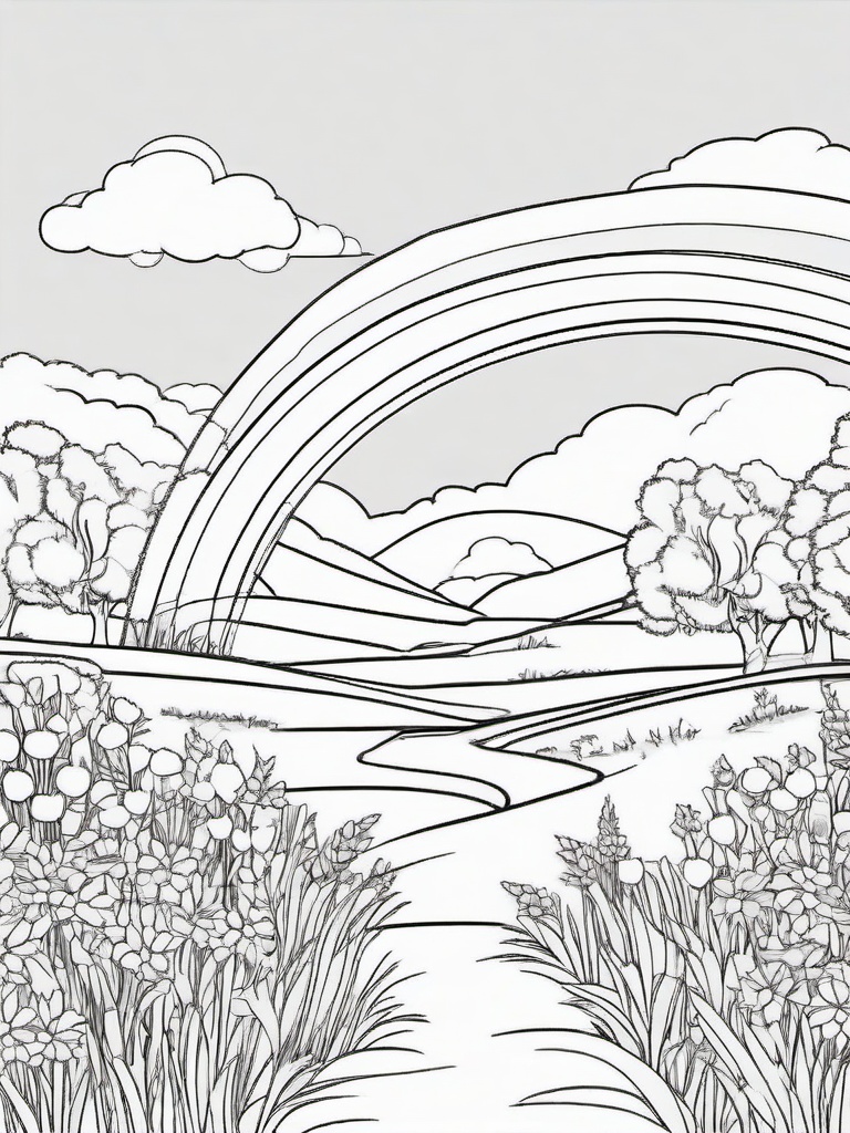 Rainbow Coloring Page - Rainbow arching over a peaceful meadow.  easy,simple,minimal,coloring pages,black and white outline