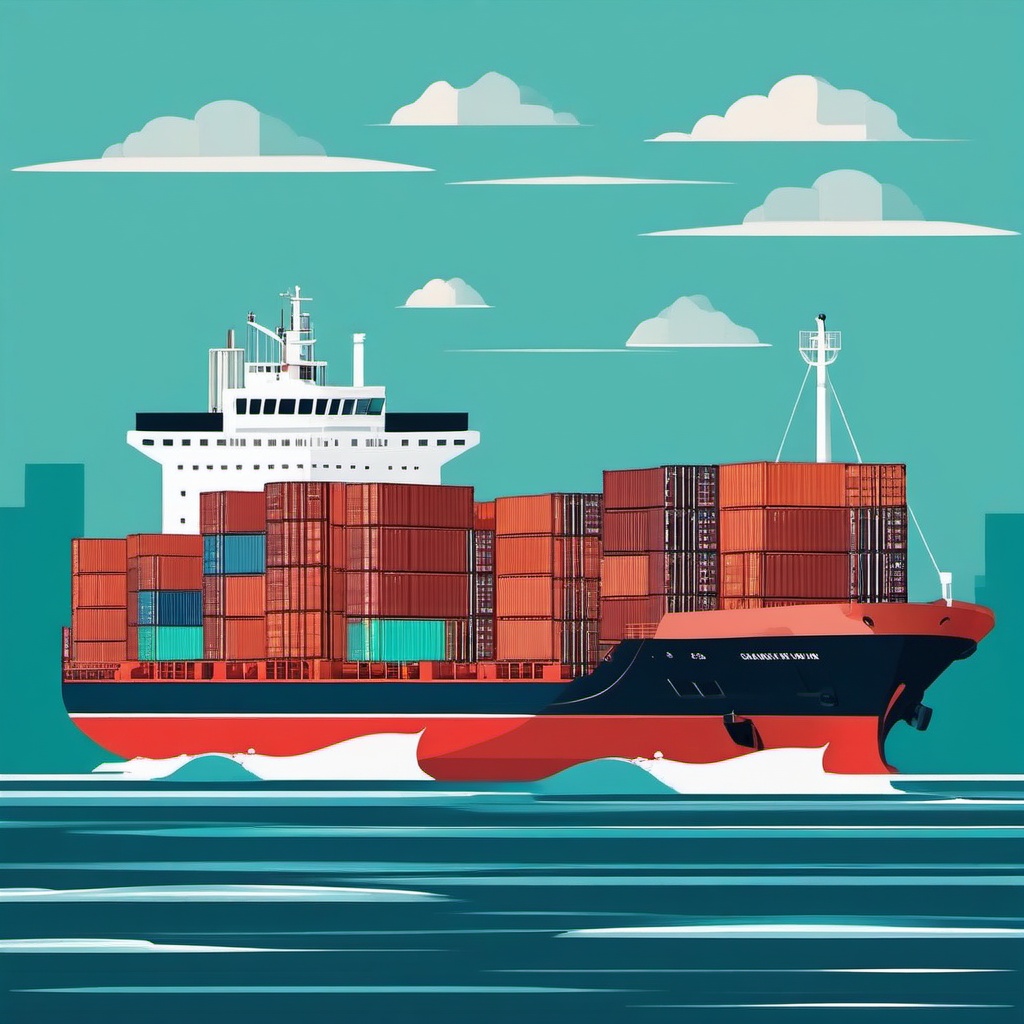 Container Ship at Sea Clipart - A massive container ship on the ocean.  color vector clipart, minimal style