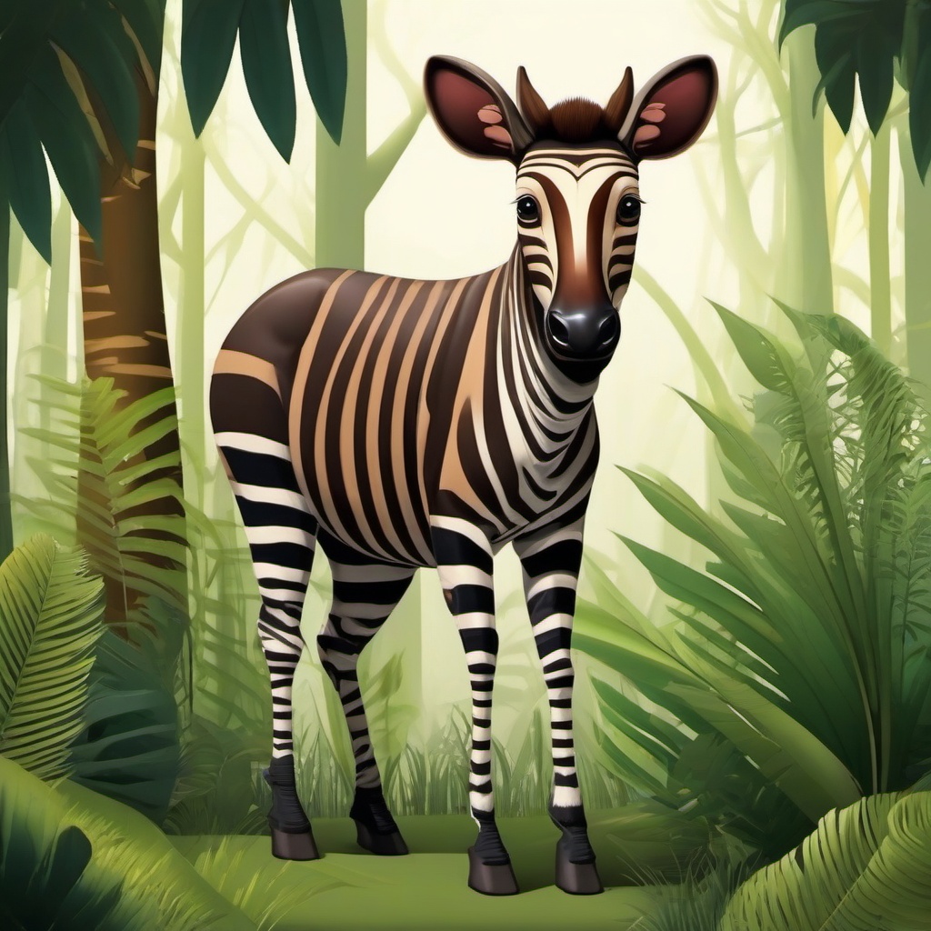 Okapi cartoon - rare, forest-dwelling animal with striped legs  