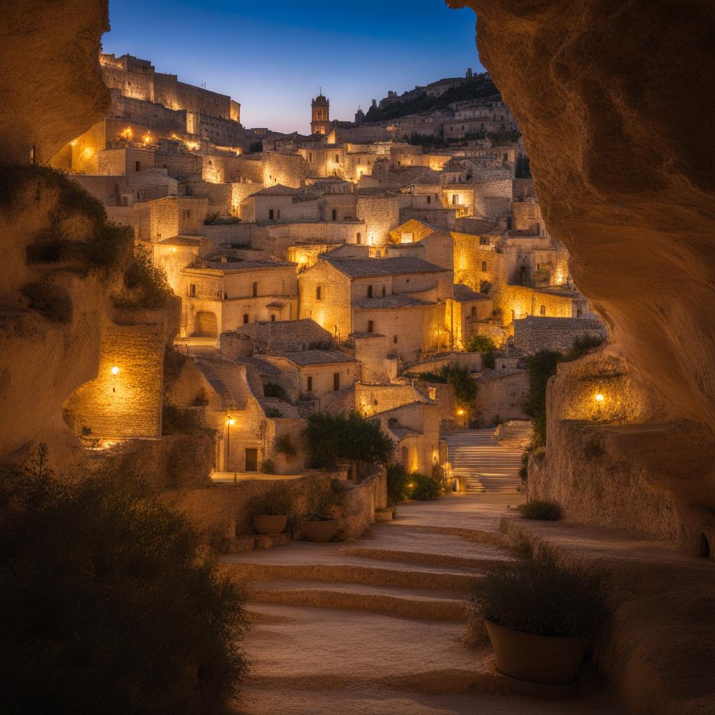 mystical matera caves - create an artwork that captures the otherworldly beauty of the ancient cave dwellings in matera, with their unique charm. 