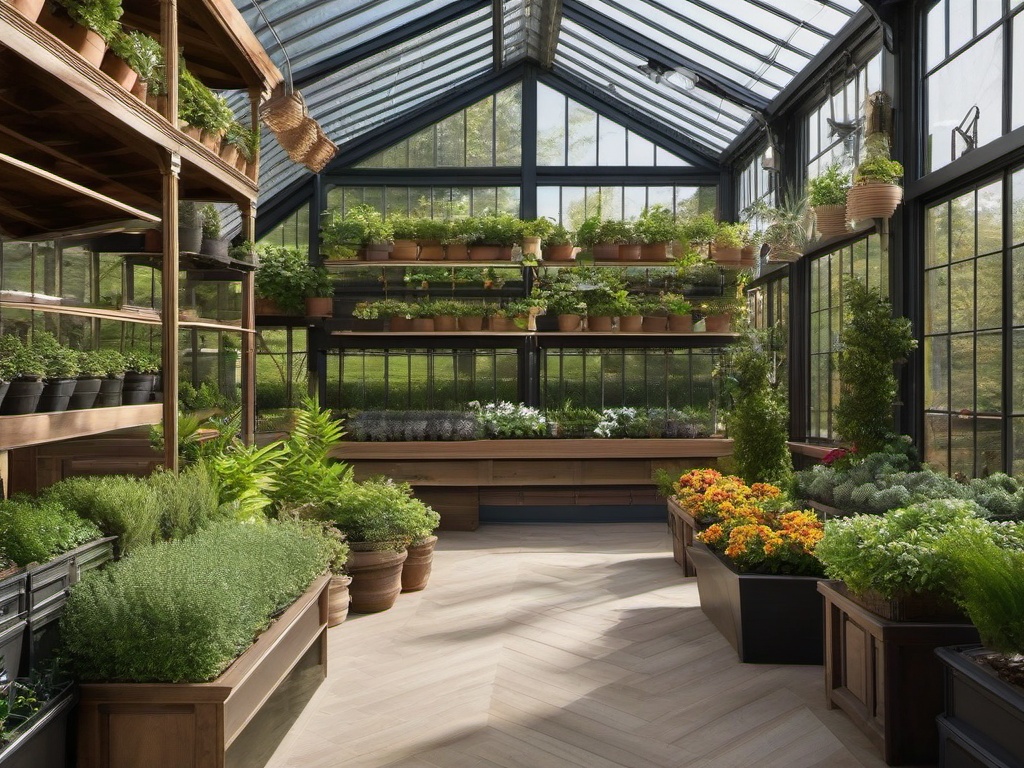 The greenhouse showcases traditional interior design with elegant planters, classic shelving, and nurturing decor that create an inspiring environment for gardening and plant care.  