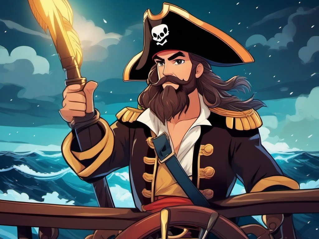 Adventurous pirate captain, with a pirate hat and a cutlass, steering a ship through stormy seas in search of buried treasure.  front facing ,centered portrait shot, cute anime color style, pfp, full face visible