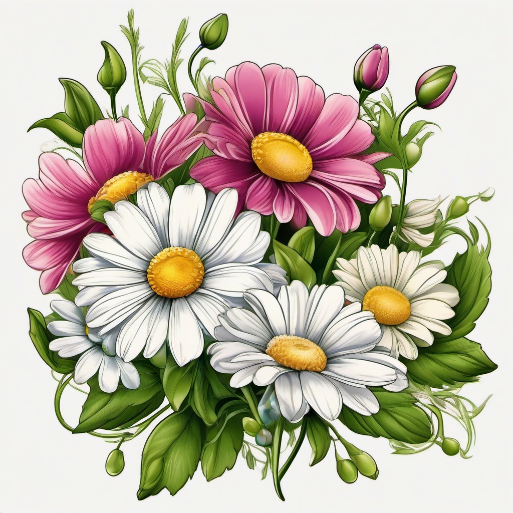 Daisy and Sweet Pea Flower Tattoo-Blending the charm of daisies with the sweetness of sweet pea flowers in a tattoo, expressing innocence and delicacy.  simple vector color tattoo