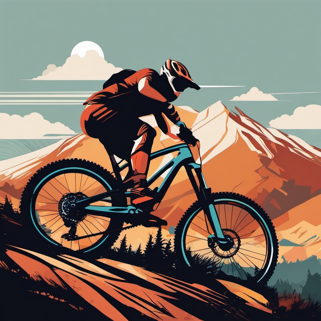 Mountain Bike Clipart - A mountain bike tackling rough terrain.  transport, color vector clipart, minimal style