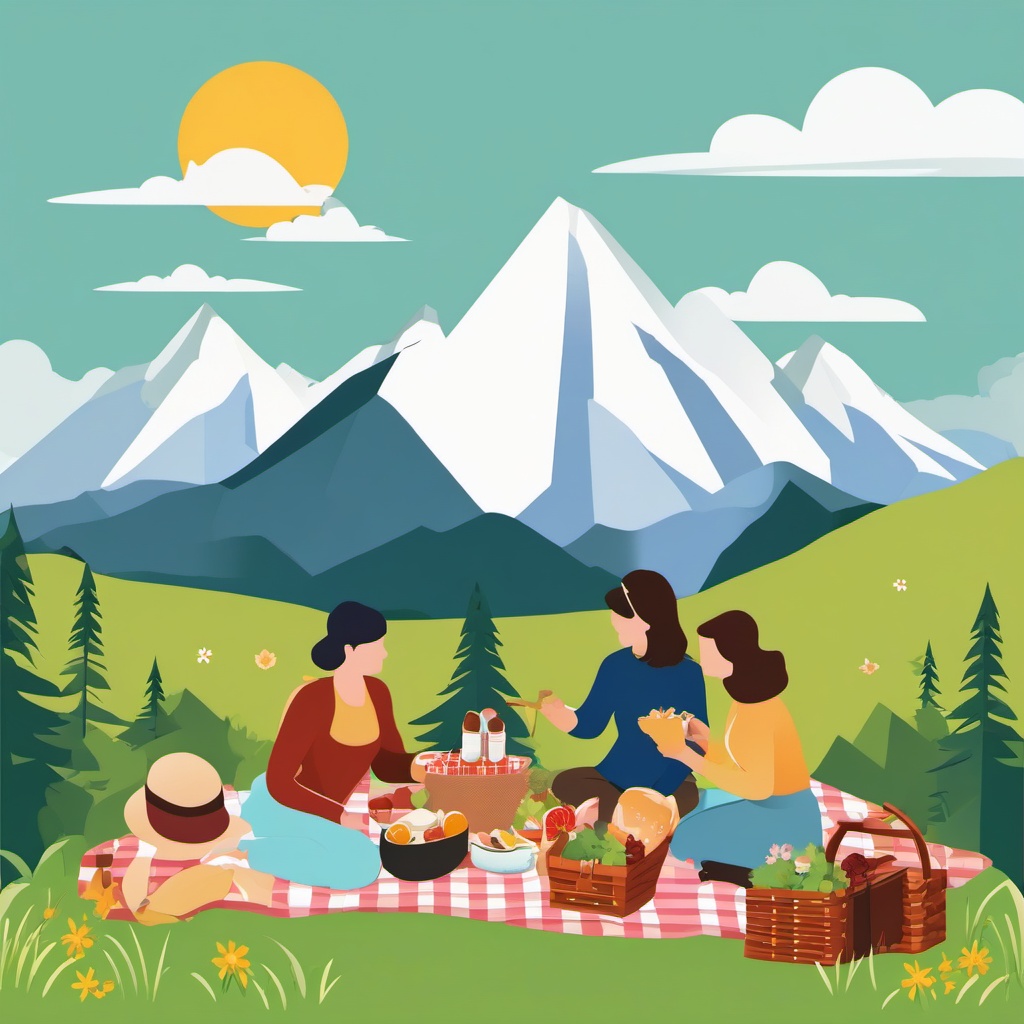 Mountain Picnic clipart - Enjoying a picnic in mountain meadows, ,vector color clipart,minimal