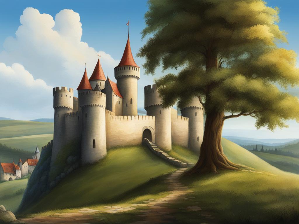 medieval castle - paint a medieval castle perched on a hill, surrounded by a medieval village. 