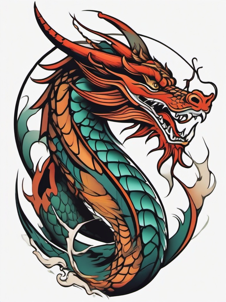 Neo Traditional Dragon - Neo-traditional style depiction of a dragon.  simple color tattoo,minimalist,white background