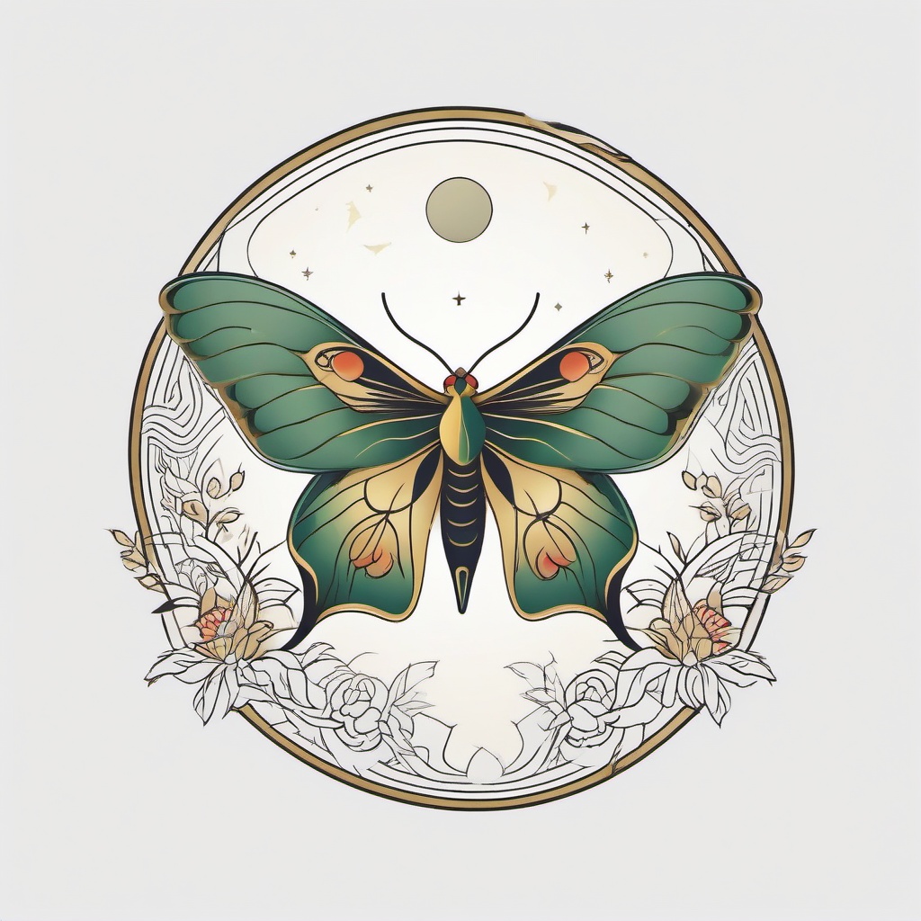 Chinese Moon Moth Tattoo - Embrace cultural symbolism with a tattoo featuring the graceful Chinese Moon moth.  simple vector color tattoo, minimal, white background