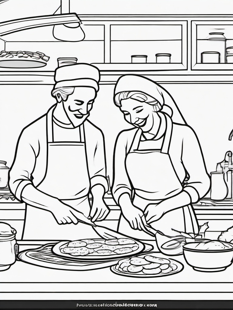 Santa and Mrs. Claus Baking Cookies Coloring Pages - Cooking Together for the Holidays  minimal black outline printable sheet, coloring page