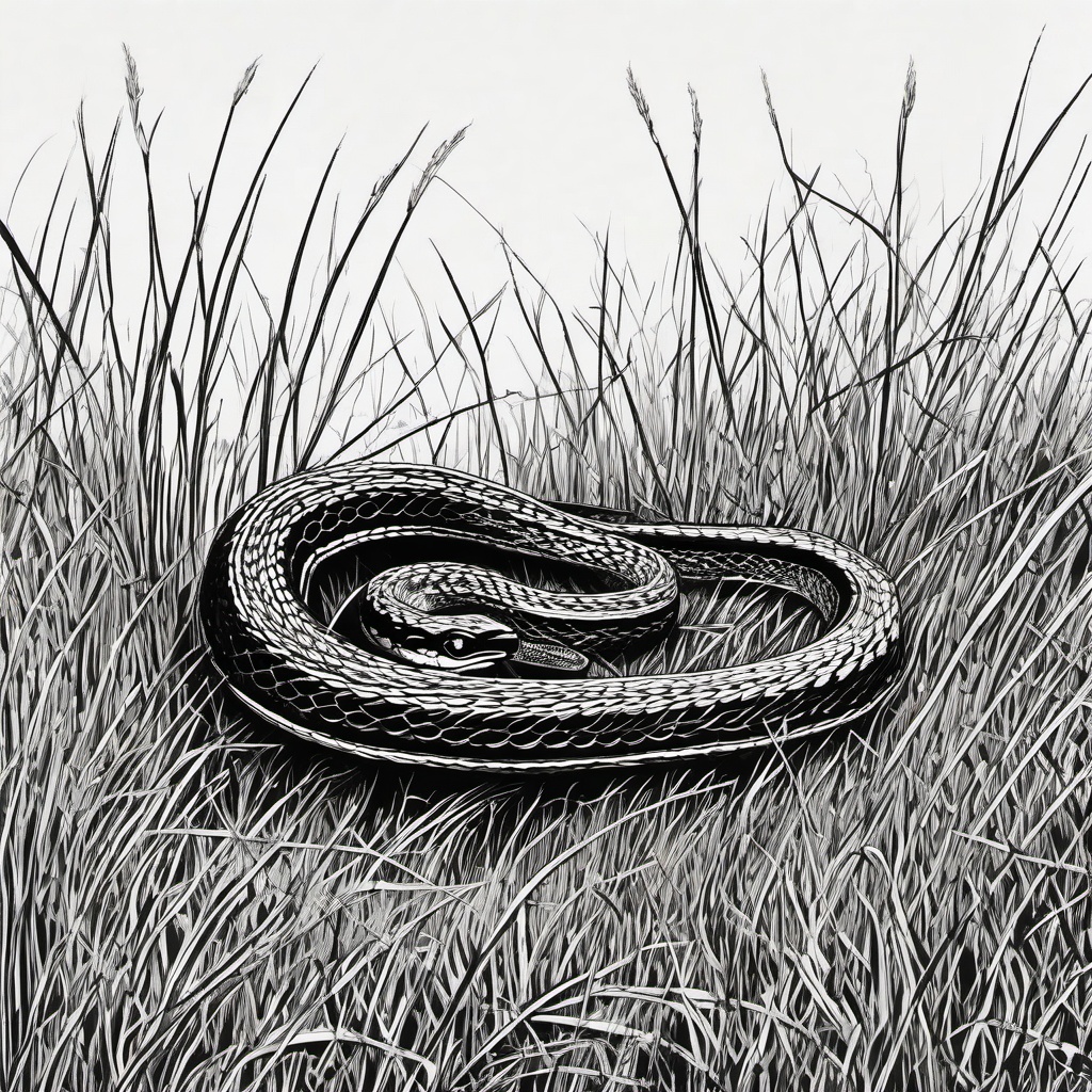 drawing of a garter snake in the grass  minimal rough sketch scribbles,doodles,black and white