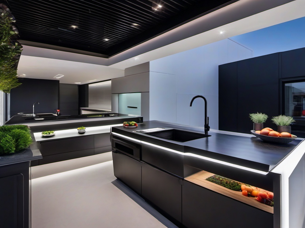 In the outdoor kitchen, cyberpunk interior design showcases sleek surfaces, smart appliances, and illuminated accents that create a futuristic cooking environment.  