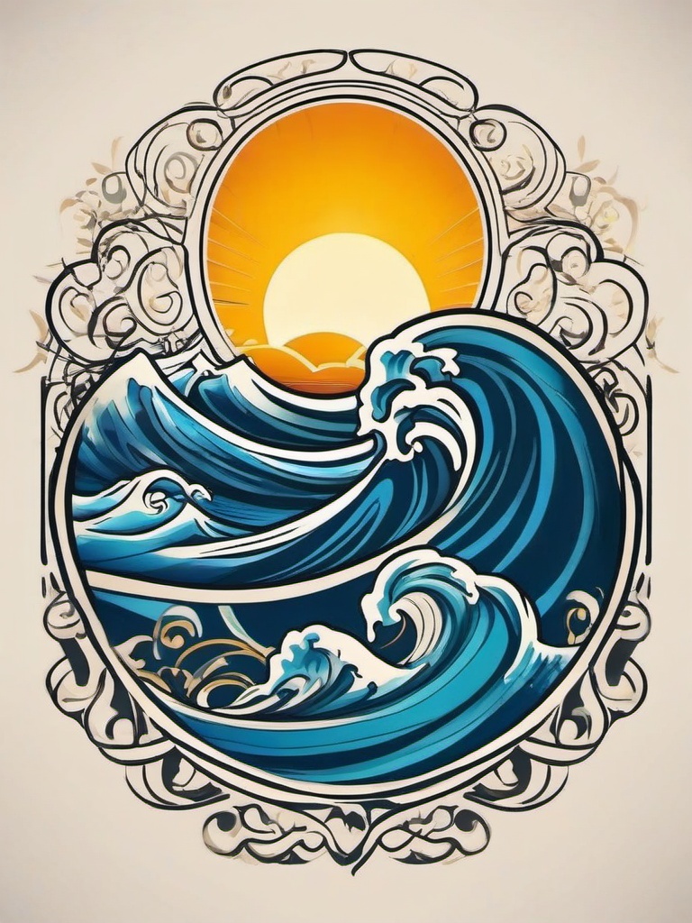 Wave with Sun Tattoo - Combines waves with a sun motif, symbolizing the harmonious interplay of light and water.  simple tattoo design