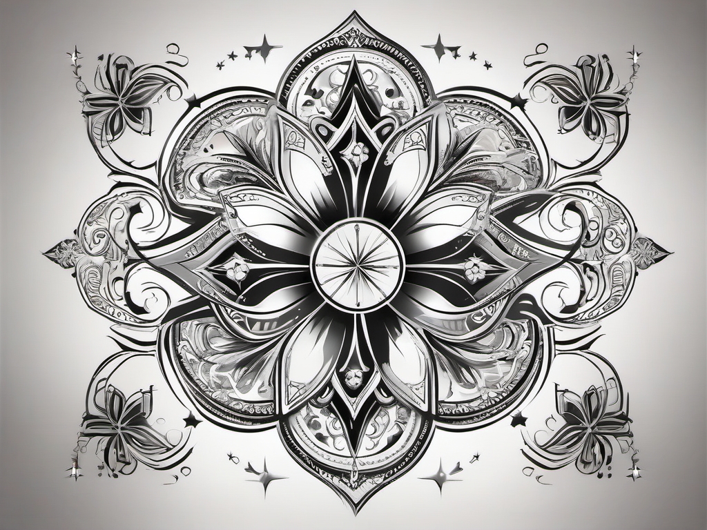 Clover and stars design: Celestial elements enhancing the magic of good fortune.  black white tattoo, white background