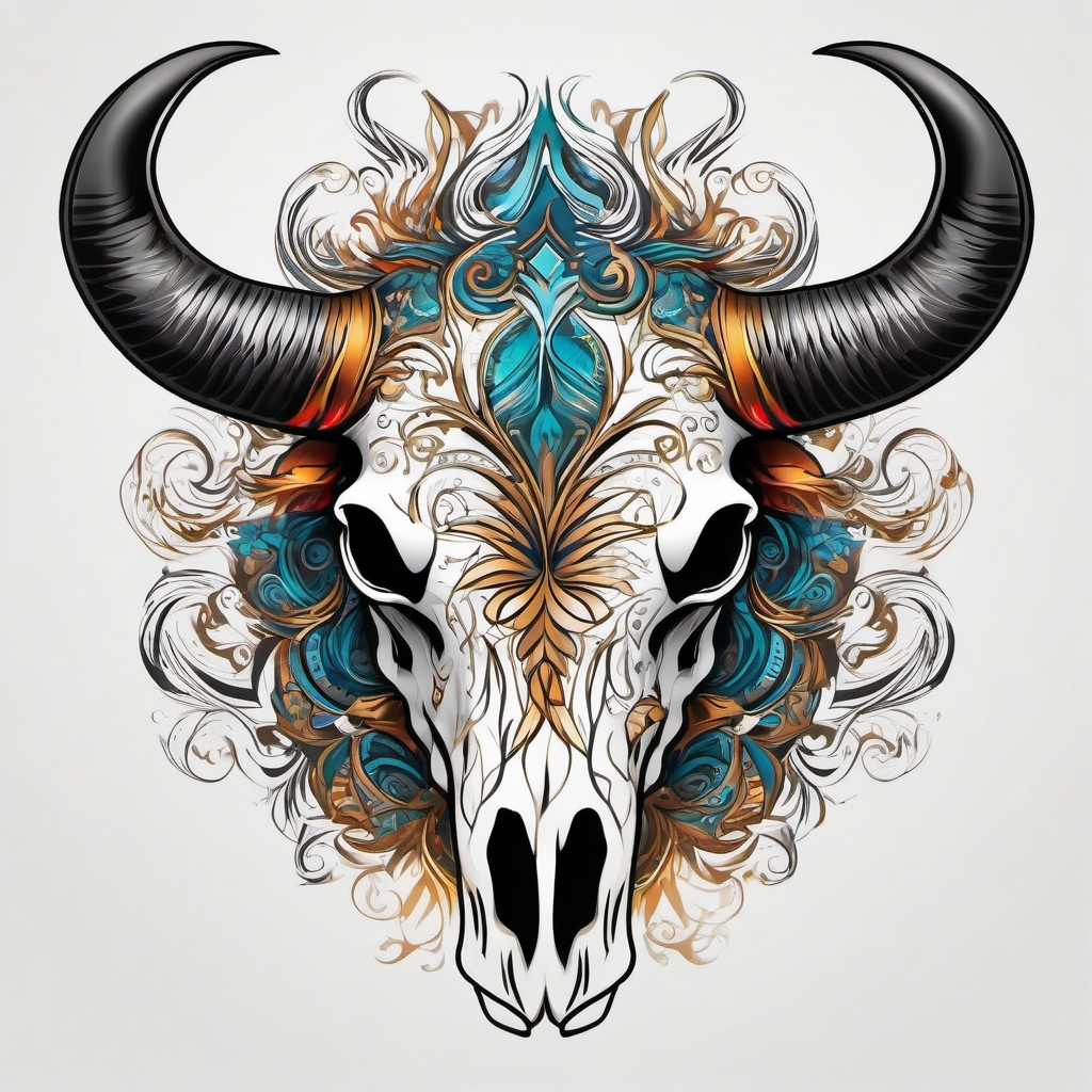 Abstract bull skull swirls tattoo. Spiraling energy of the wild spirit.  color tattoo design, white background