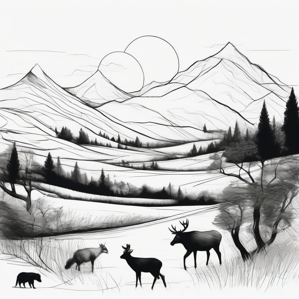 drawing of a landscape with animals  minimal rough sketch scribbles,doodles,black and white