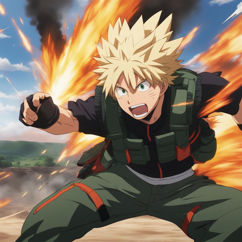 katsuki bakugo blasts explosive attacks during intense combat training. 