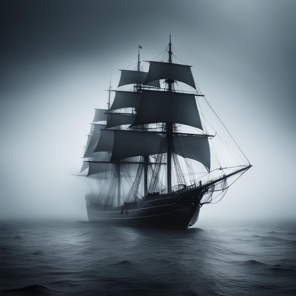 mysterious ghost ship sailing through a fog-shrouded, haunted sea. 