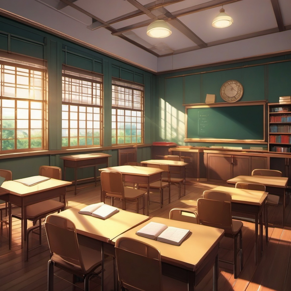 High School Classroom Anime Background intricate details, patterns, wallpaper photo