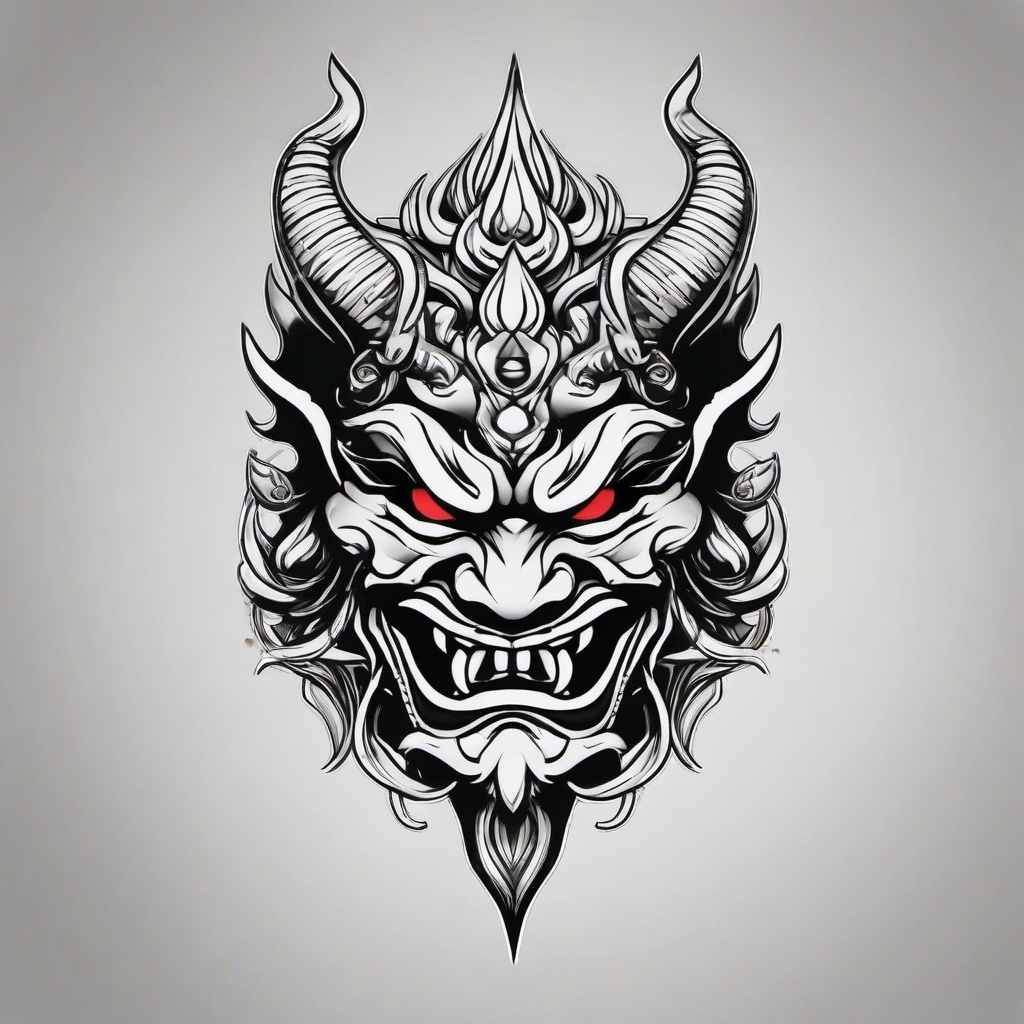 best oni mask tattoo  simple color tattoo,white background,minimal