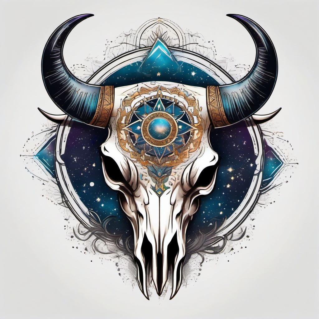 Bull skull with cosmic elements ink. Celestial tribute to untamed spirit.  color tattoo design, white background