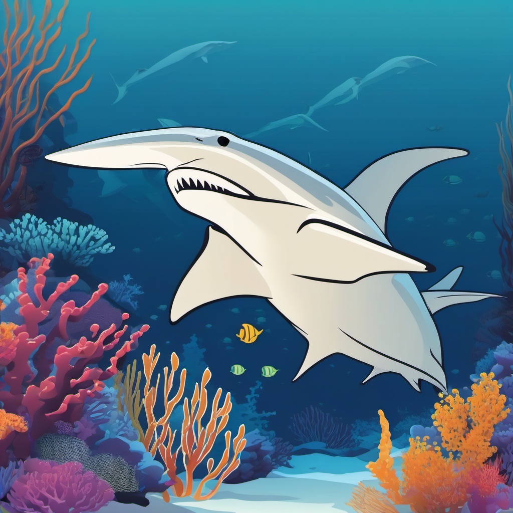 Hammerhead Shark Clip Art - A hammerhead shark patrolling the reef,  color vector clipart, minimal style