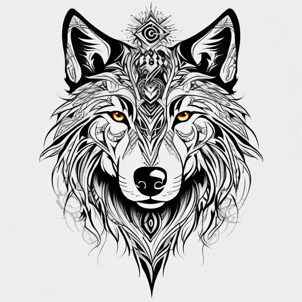 Spirit Tribal Wolf Tattoo,tattoo showcasing a wolf imbued with spiritual tribal elements, symbolizing unity and mysticism. , color tattoo design, white clean background