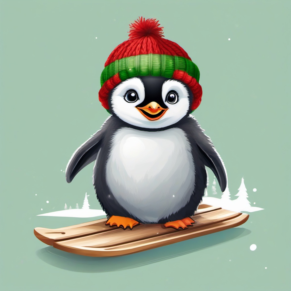 A baby penguin with fluffy, rounded features sitting on a wooden sled. The penguin is wearing a red scarf with green stripes and a small knit hat decorated with holly. No background, transparent PNG.  , vector illustration, clipart