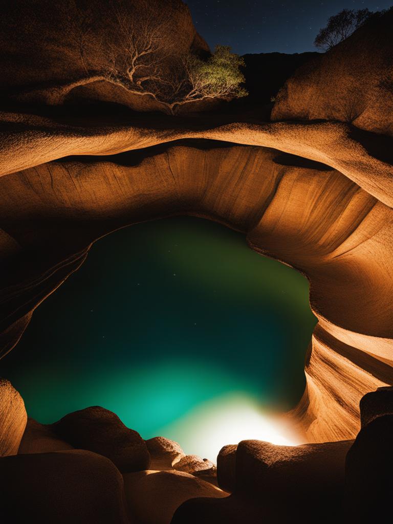 isalo national park, madagascar - illustrate the striking canyons and natural pools of isalo national park, set against a dark and starry backdrop. 