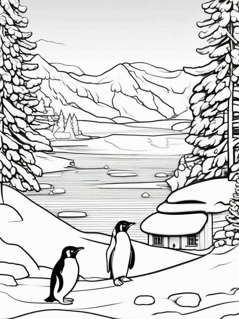 Penguin Coloring Pages - Penguin enjoying a snowy day with friends  simple coloring pages