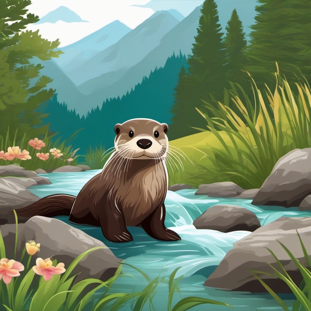 Cute Otter in a Clear Mountain Stream  clipart, simple