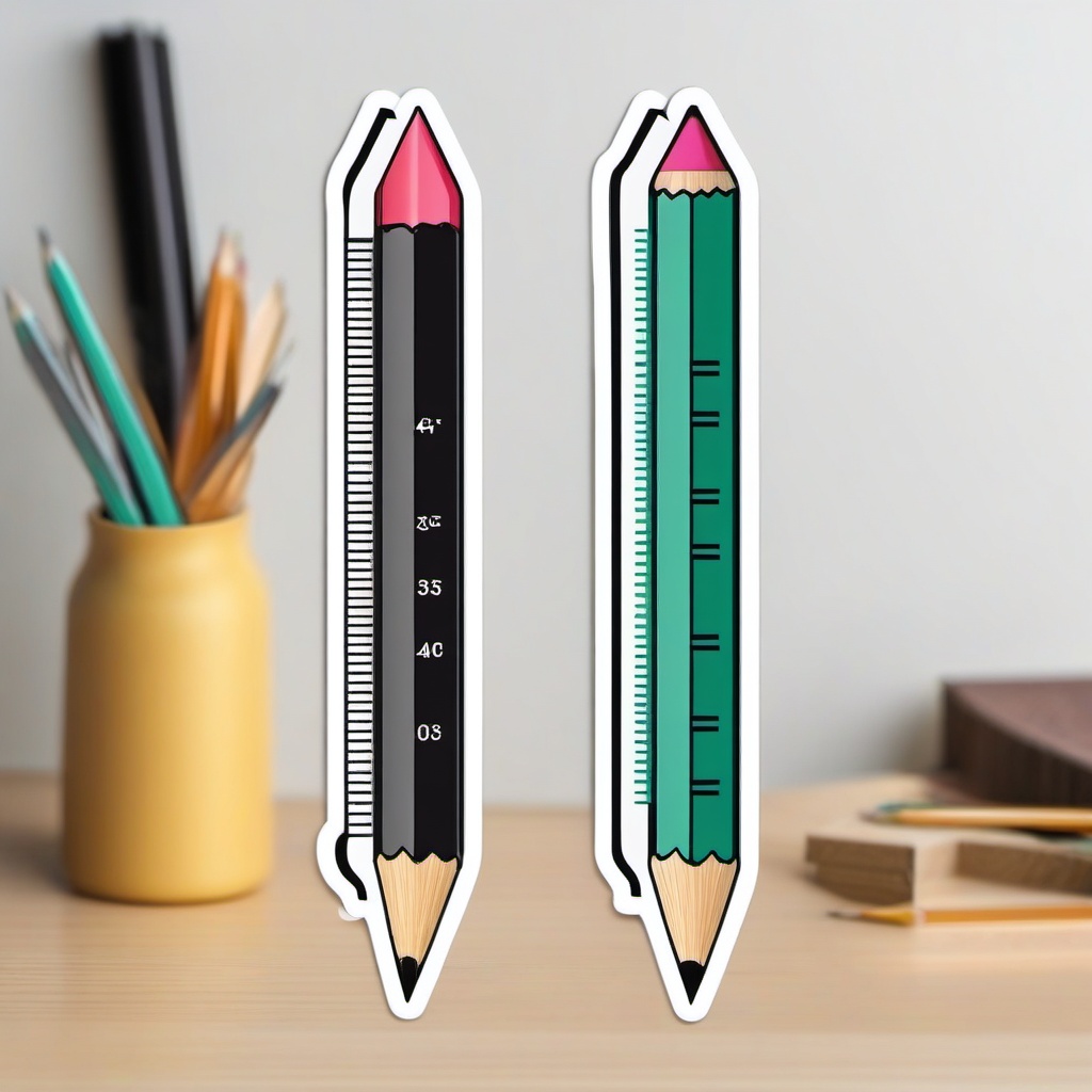 Pencil and Ruler Sticker - Pencil aligned with a measuring ruler, ,vector color sticker art,minimal