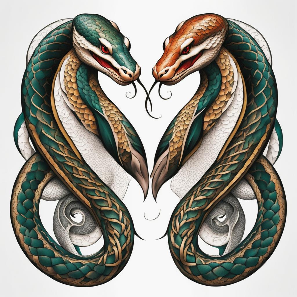 2 headed snake tattoo, Tattoos featuring snakes with two heads, symbolizing duality and transformation. colors, tattoo patterns, clean white background