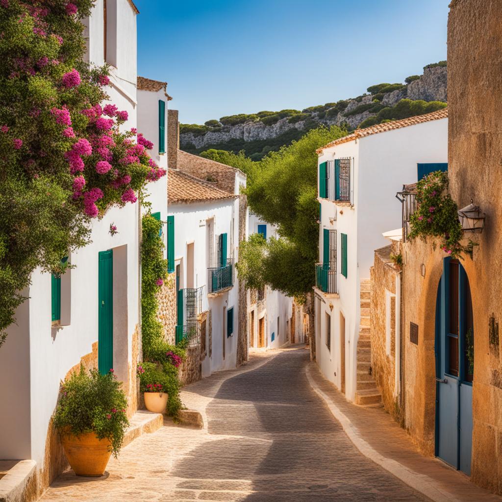 lesser-known villages of menorca - create an artwork that highlights the lesser-known villages of menorca, with their rustic charm and idyllic settings. 