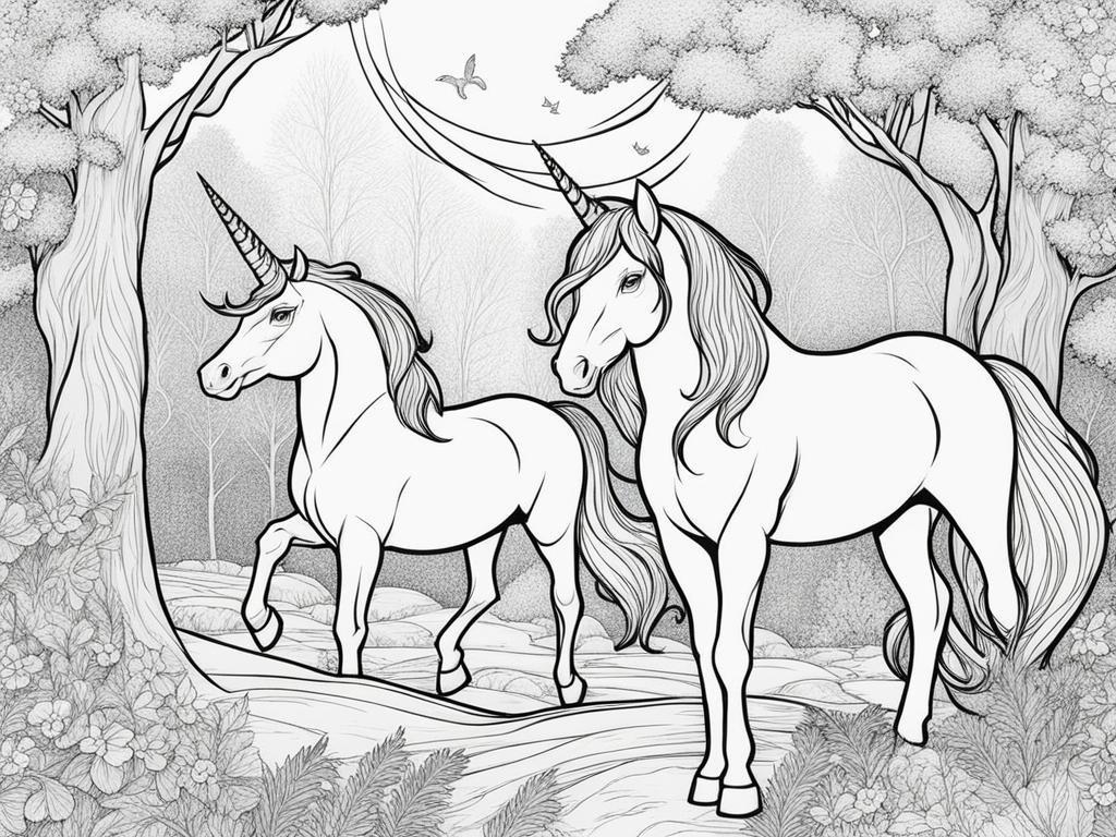 unicorn coloring pages - captivating unicorn mesmerizing a group of woodland creatures with a mesmerizing display of magic. 