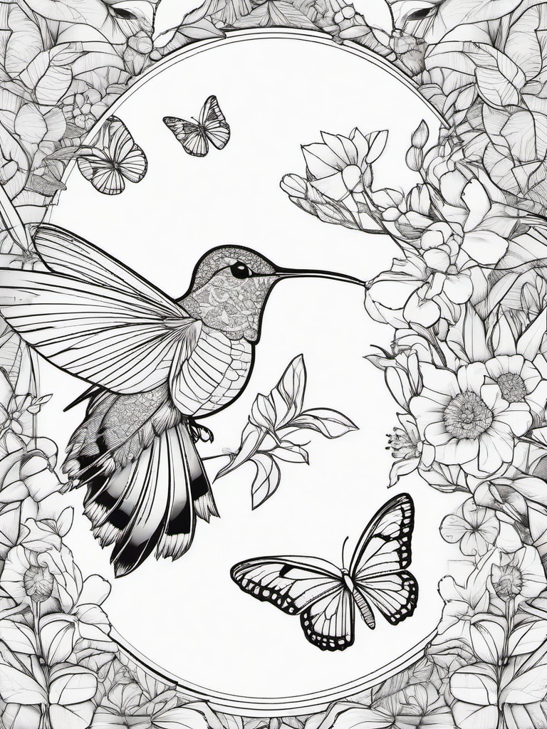 Butterflies and Hummingbirds Coloring Pages - Beautiful Pollinators Together in Nature  minimal black outline printable sheet, coloring page