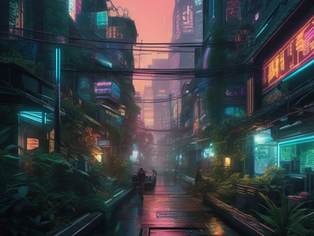 Cyberpunk Urban Jungle Anime Wallpaper intricate details, patterns, wallpaper photo