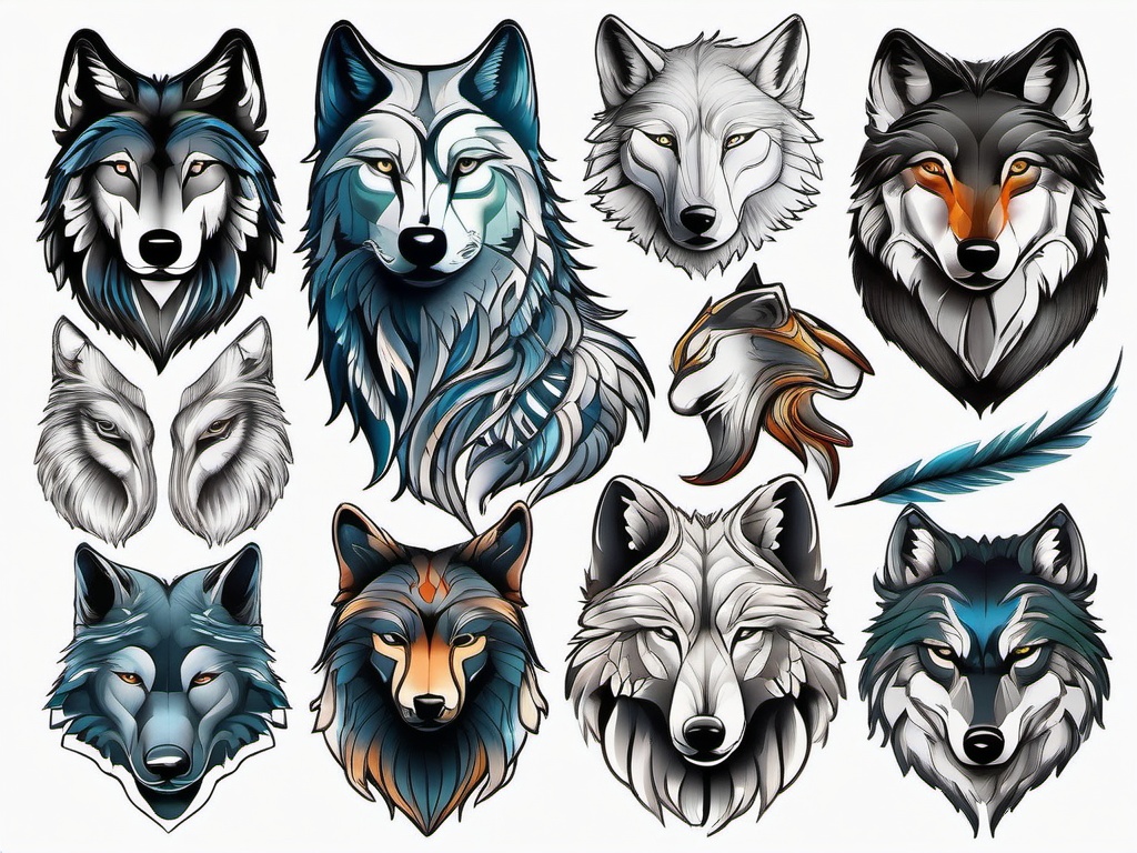 Wolf Tattoo Drawings,array of wolf-themed drawings, capturing the essence of the wild in various artistic styles. , color tattoo design, white clean background