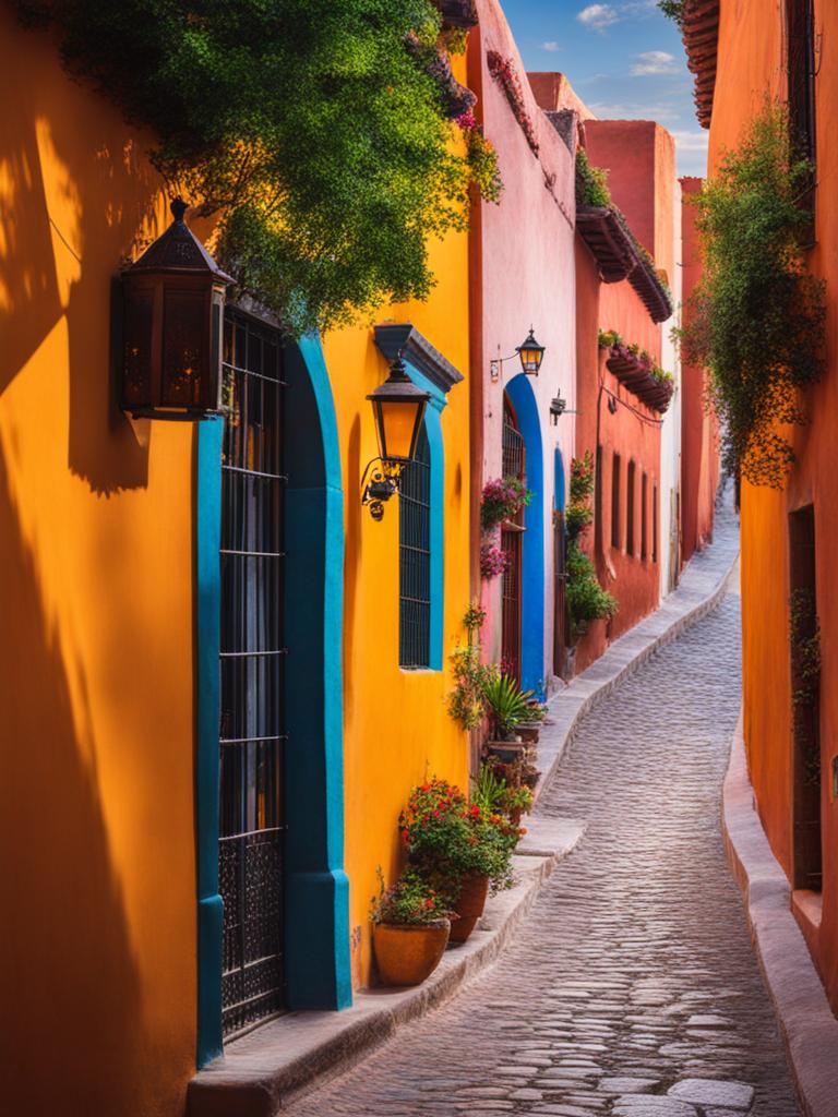 san miguel de allende, mexico - paint the colonial charm of san miguel de allende, with its cobblestone streets and colorful buildings illuminated by lanterns. 