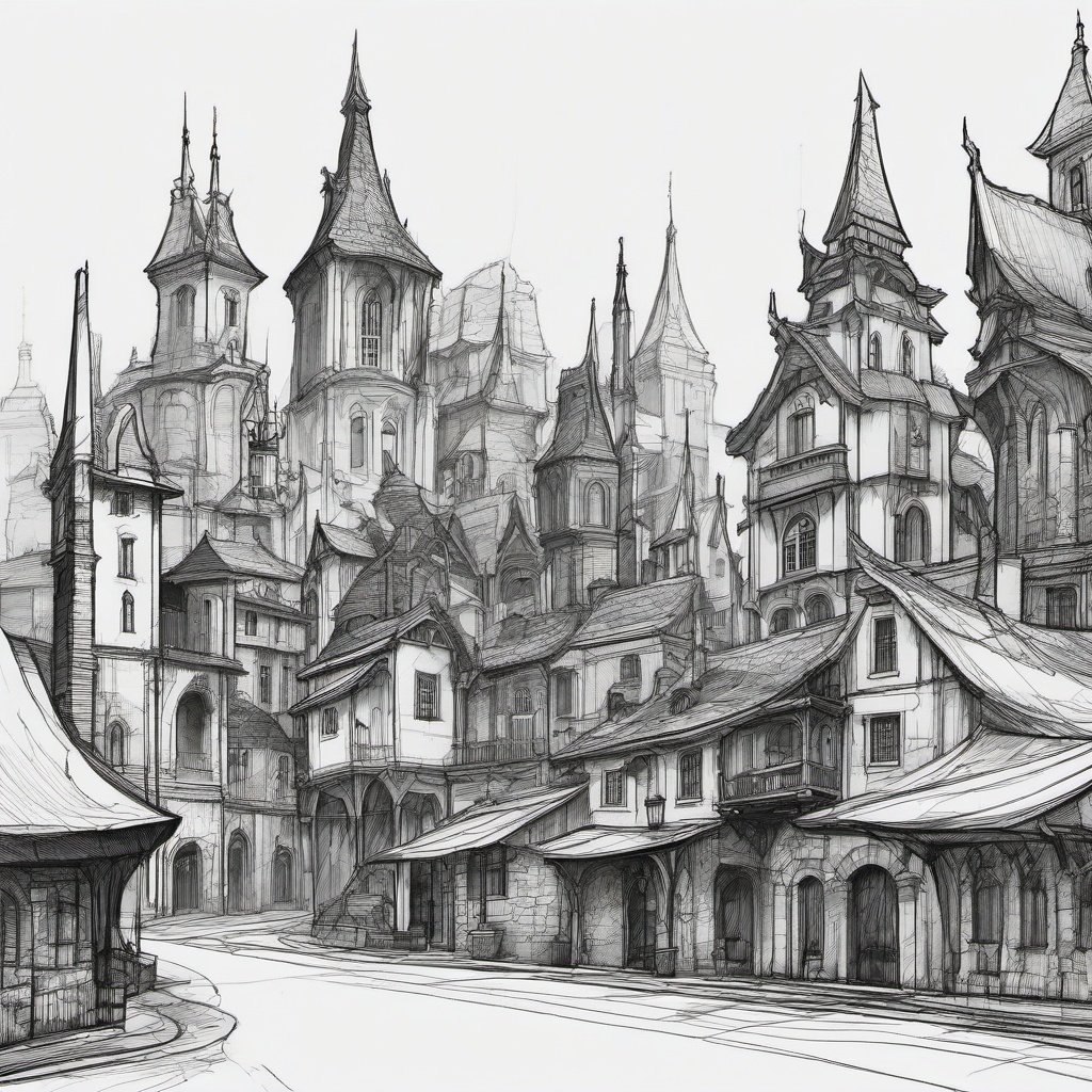 drawing of buildings in a fantasy setting  minimal rough sketch scribbles,doodles,black and white