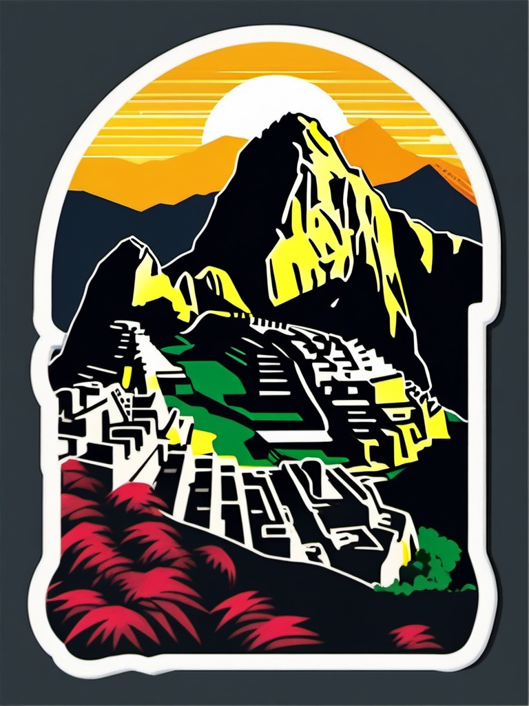 Machu Picchu Sunrise sticker- Incan citadel atop the Andes mountains in Peru, , sticker vector art, minimalist design