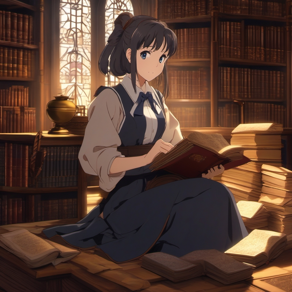 A studious anime girl, armed with ancient scrolls, delves into forgotten libraries to uncover the lost arts of a bygone era.  1990s anime style