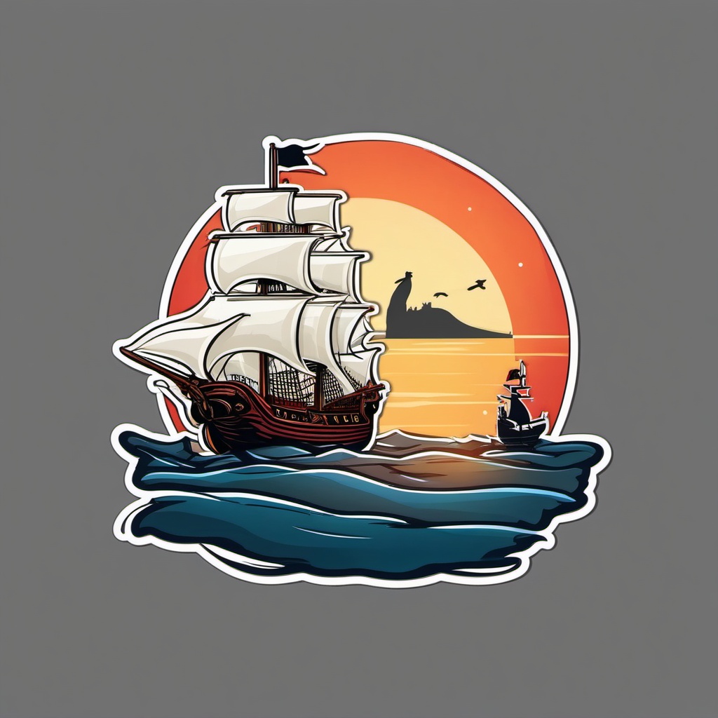 Penguin Pirate Ship Sticker - A penguin captain sailing a pirate ship on the high seas. ,vector color sticker art,minimal