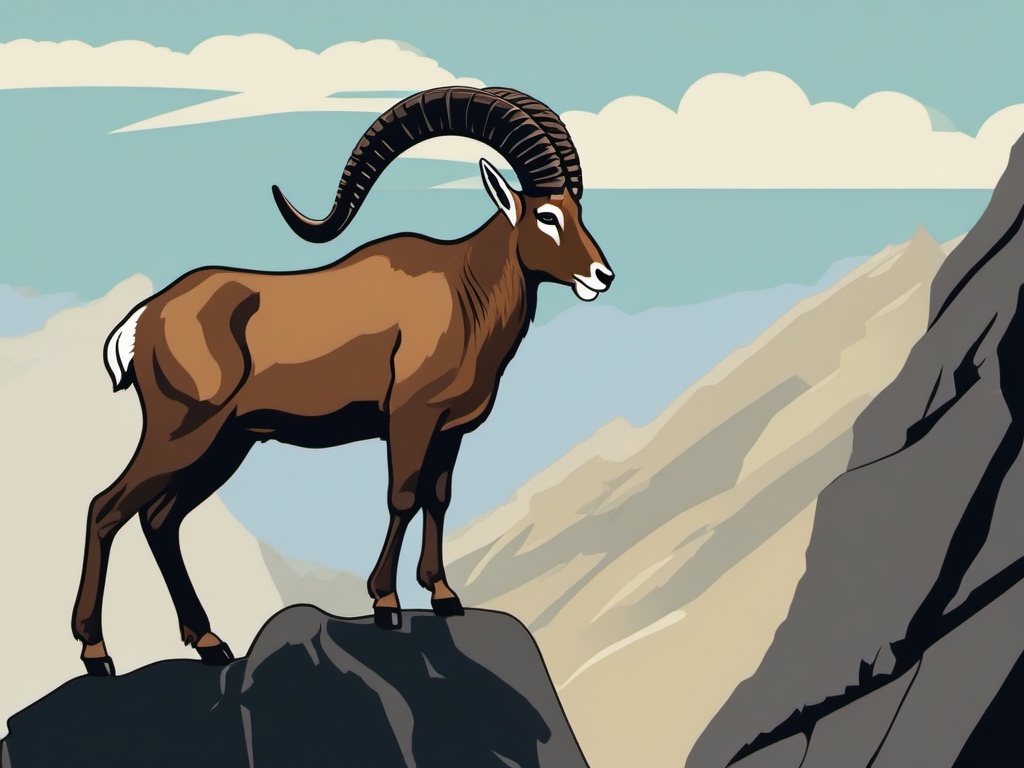 Ibex Cartoon - Cartoon of ibex on a rocky mountain ledge  